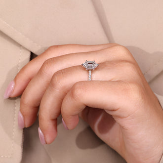 Two tone ring with hexagon diamond in yellow and white gold.