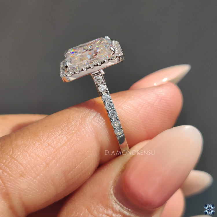 Halo ring with radiant cut moissanite for an eye-catching appearance.