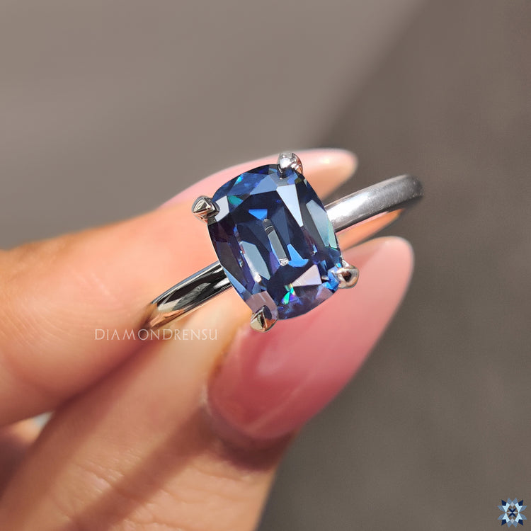 White Gold Ring with Old Mine Cushion Cut Blue Moissanite