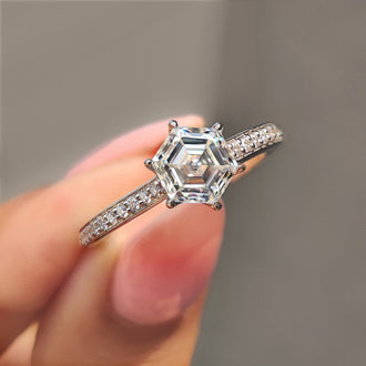 Hexagon engagement ring featuring a stunning hexagon moissanite ring design.