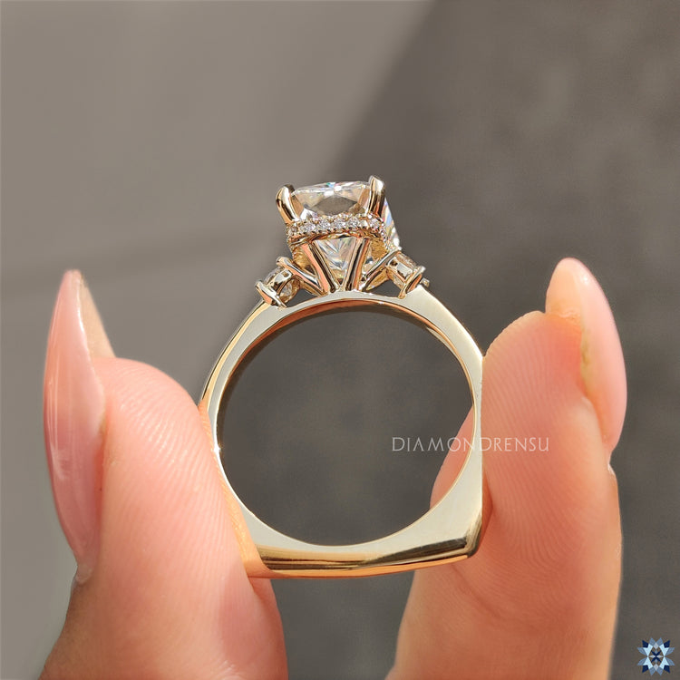 Moissanite engagement ring shown with radiant brilliance.