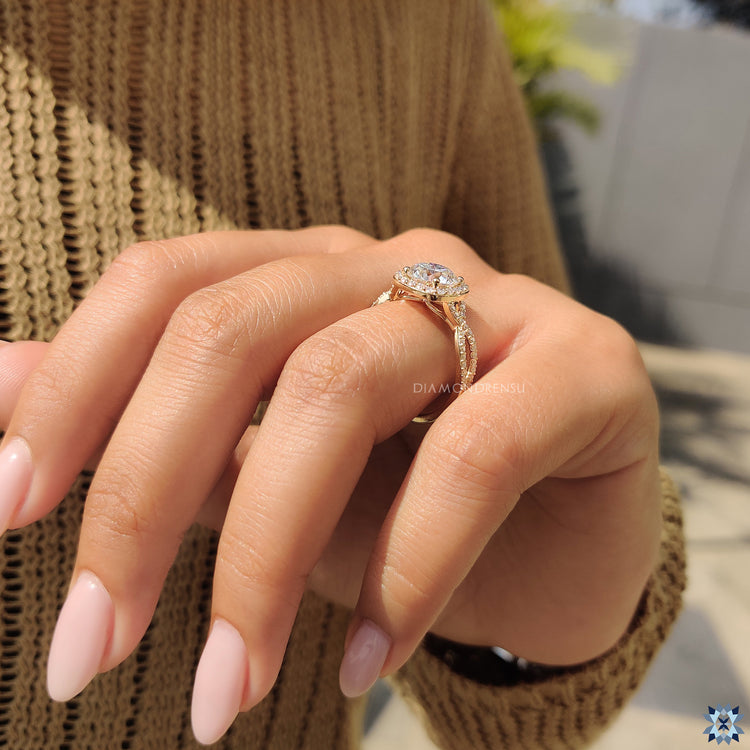 Moissanite round halo engagement ring with exceptional sparkle