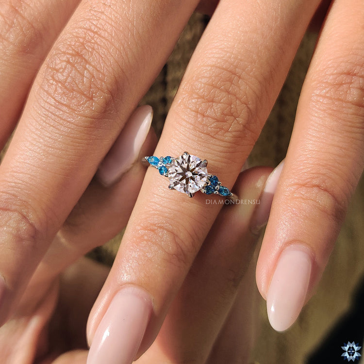 Blue round cut sidestones diamondrensu engagement ring handmade ring.