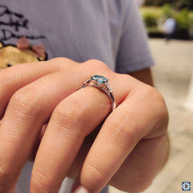 Cyan Blue Hexagon Engagement Ring With Muse Style