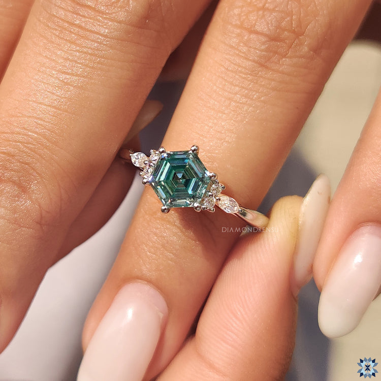Cyan Blue Hexagon Engagement Ring With Muse Style