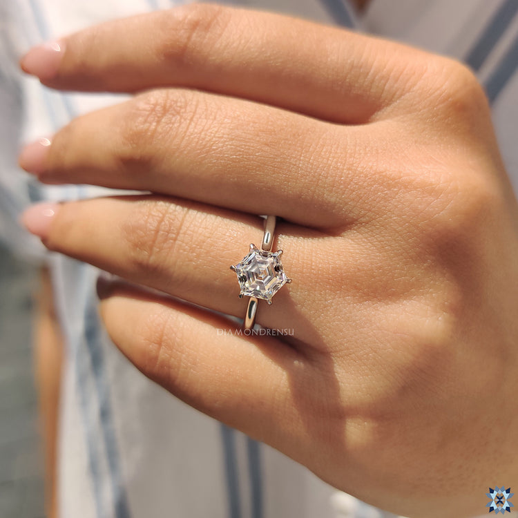 Handmade cathedral ring with hexagon diamond center