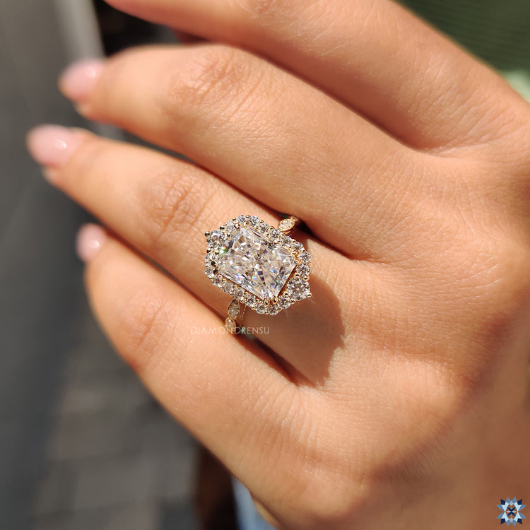 Halo engagement ring with a beautiful radiant cut stone.