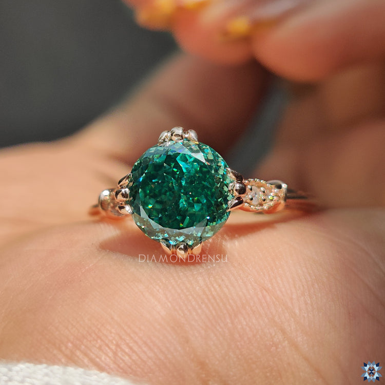 Unique rose gold ring with round cut diamonds.