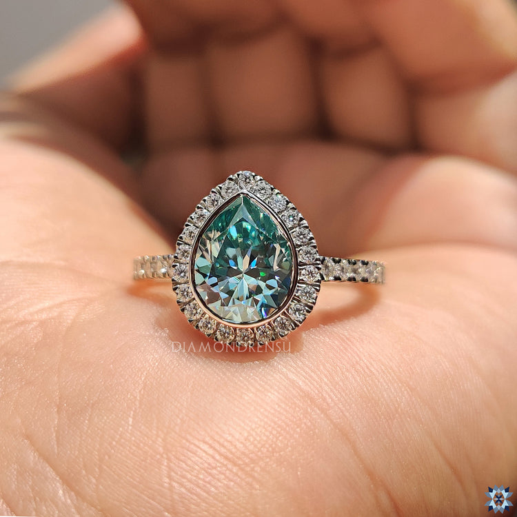 Moissanite Engagement Ring in a unique halo ring setting, handmade.