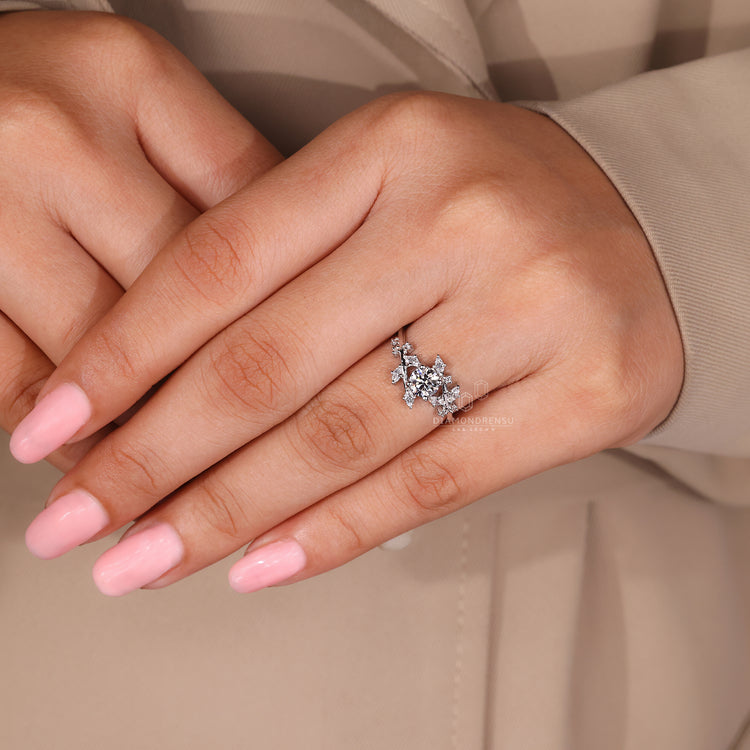 Round And Marquise Diamoand Ring In Bypass Setting