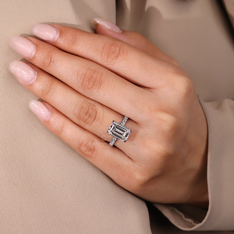 Lab grown emerald cut diamond ring.