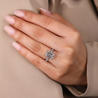 Lab grown emerald cut diamond ring.