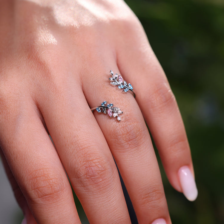 Marquise and round cut wedding band featuring pink sapphire.