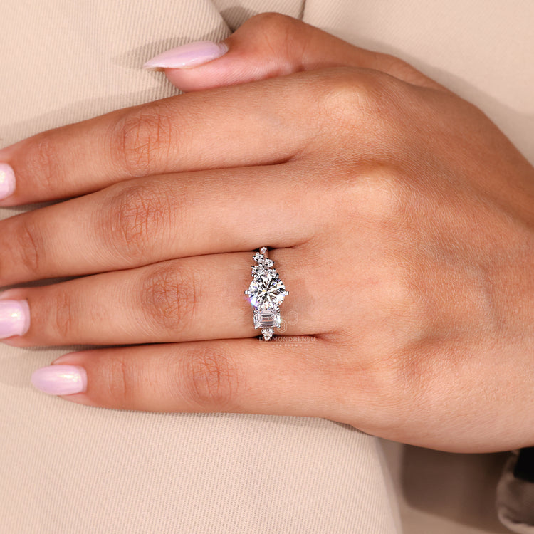 Handmade cluster engagement ring with six tab prong setting