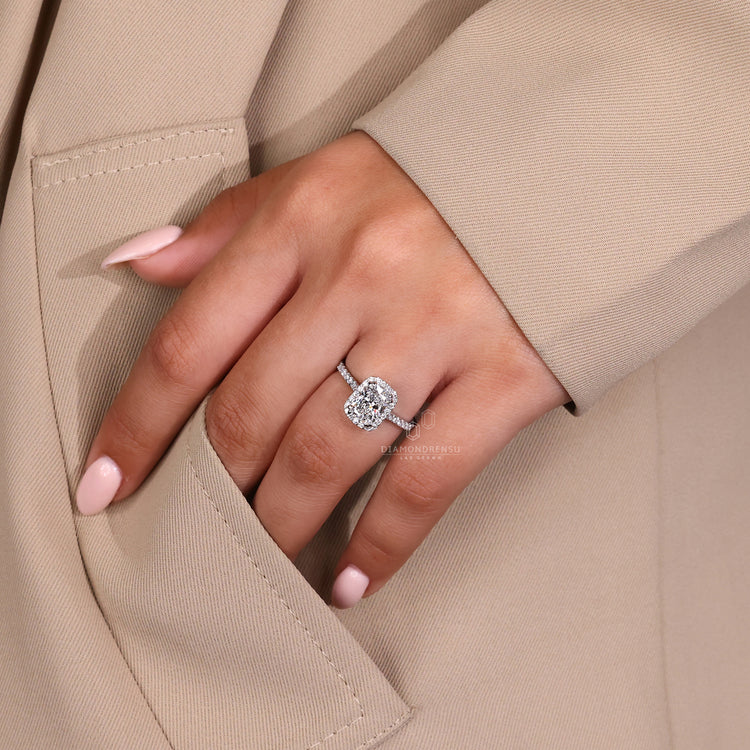 Pave setting ring with diamonds along the band.