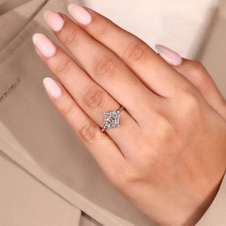 Cathedral setting ring with round diamond center.