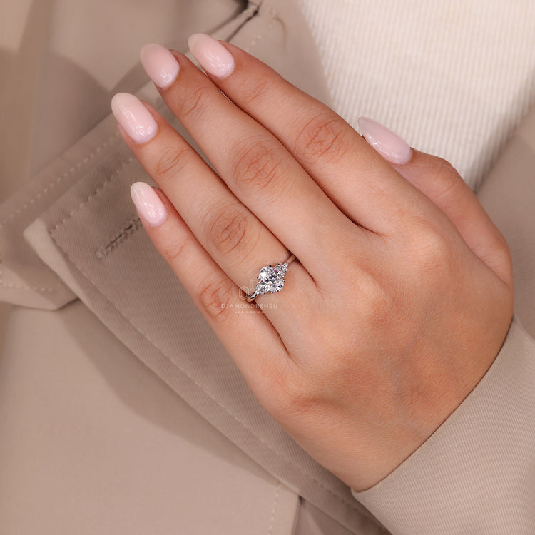 Tapered shank engagement ring with IGI certified round cut diamond.