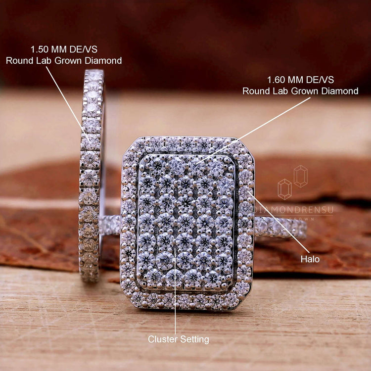 A curated collection of various diamond bridal sets with round center stones in different cluster setting styles.