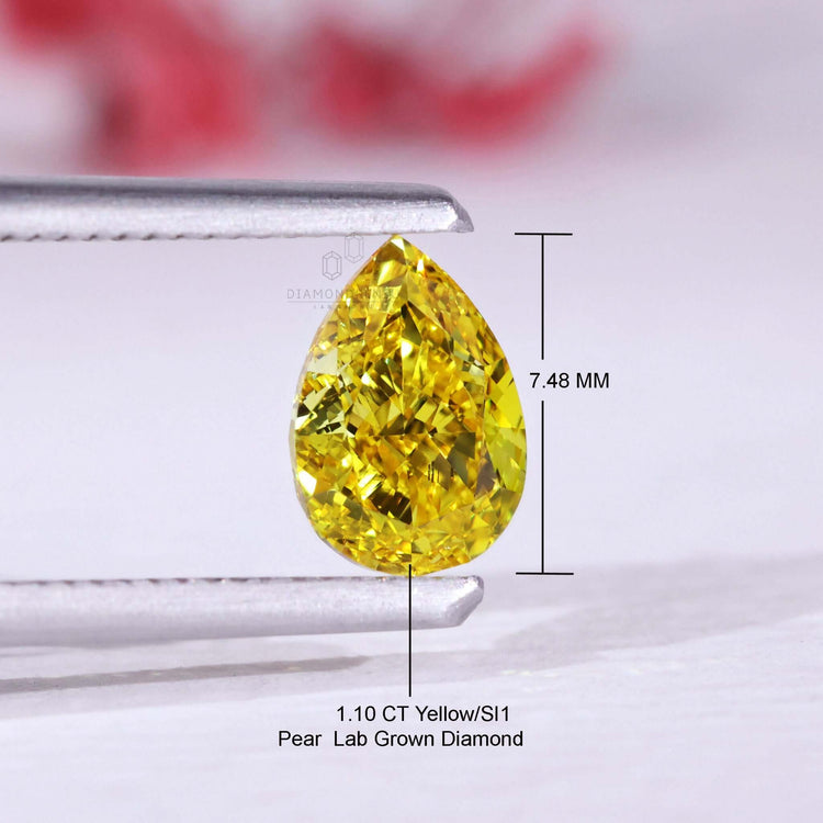 This yellow diamond is pear shape, lab grown, and sold loose.