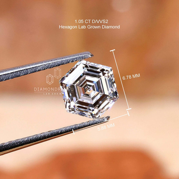 This 1 carat loose diamond has a hexagon step cut and is lab grown.