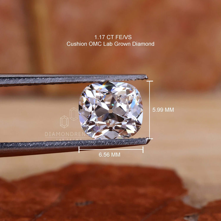 This lab grown loose diamond has an old mine cushion cut and weighs 1.17 carats.