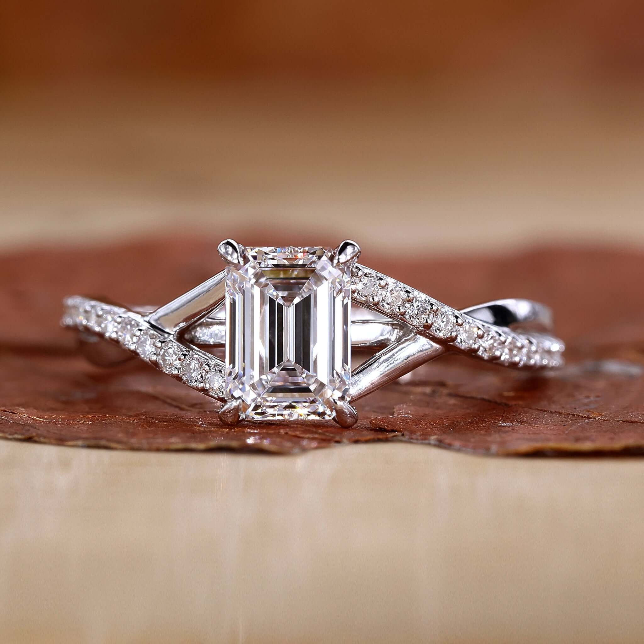 Emerald Cut Diamond Ring Split Shank Modern Twist