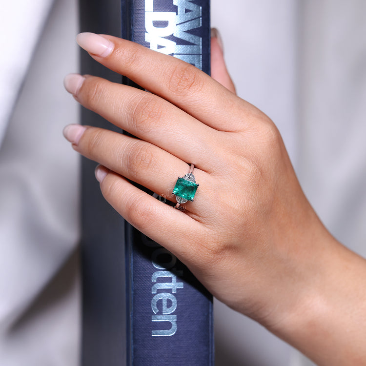 Green Emerald Engagement Ring in Three Stone Design