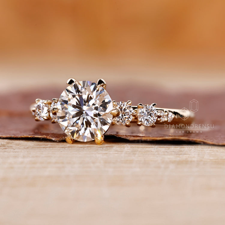 Lab Grown Diamond Side Stone Engagement Ring with hidden halo setting.