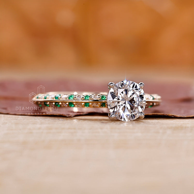 Knife edge shank Ring with a custom engagement ring design in two-tone metal.