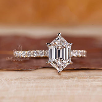 Round cut pave band ring featuring hexagon step cut diamond.