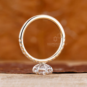 Lab Grown Diamond hexagon diamond ring with round cut pave band.