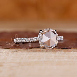 Round cut pave band ring paired with rose cut engagement diamond.