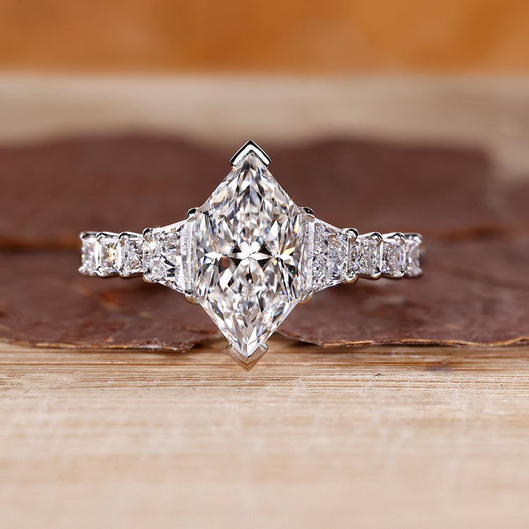 Dutch marquise ring set in white gold with V prong setting