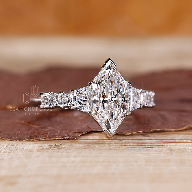 Pave setting shared prong ring in handmade jewelry style