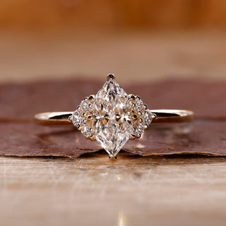 Dutch marquise engagement ring in yellow gold with solitaire setting.
