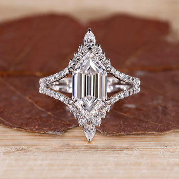 Elongated hexagon engagement ring with double curved band vintage style.