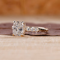 Open gallery setting allows more light to enhance the cushion cut diamond.