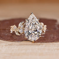 Pear cut diamond ring in six claw prong setting.