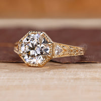 Vintage Inspired Octagon OEC Diamond Three Stone Ring.