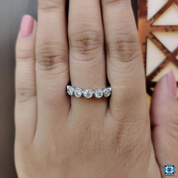 Moissanite wedding band shining with brilliance.