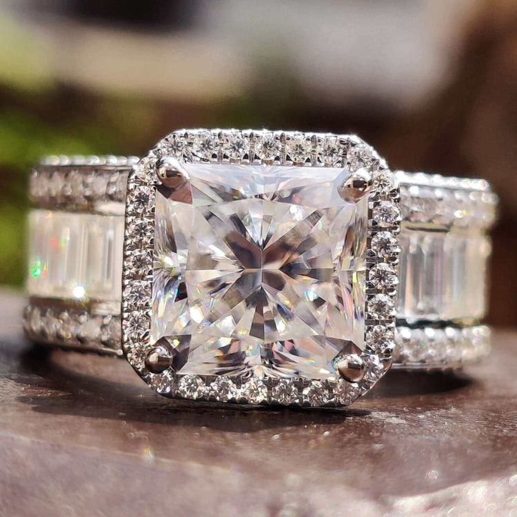 Radiant cut moissanite ring with a stunning halo design