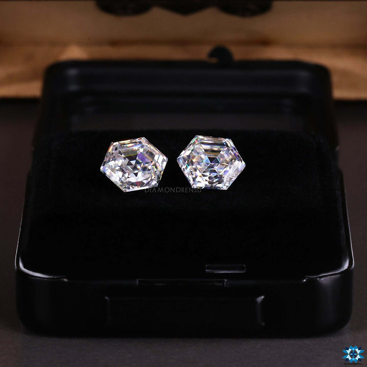 Pair of Hexagon Step Cut Moissanite stones for custom studs.