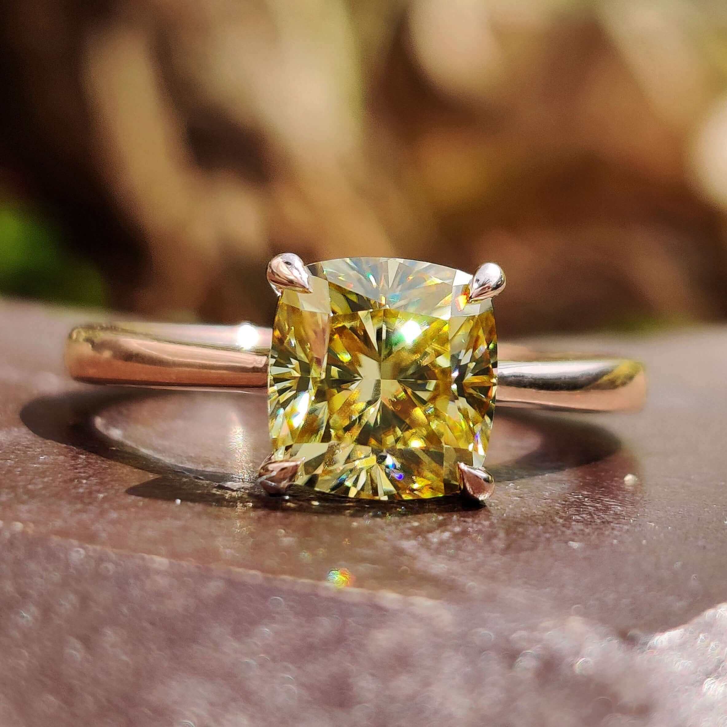 Solitaire Engagement Ring Canary Yellow Cushion Cut Moissanite Ring