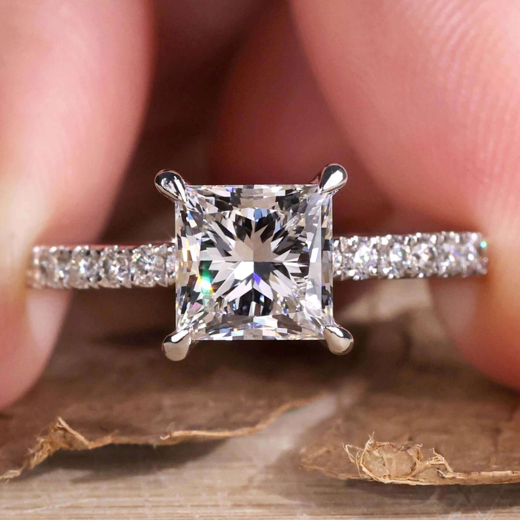 Princess Cut Diamond Ring, Pave Lab Grown Diamond Engagement Rings