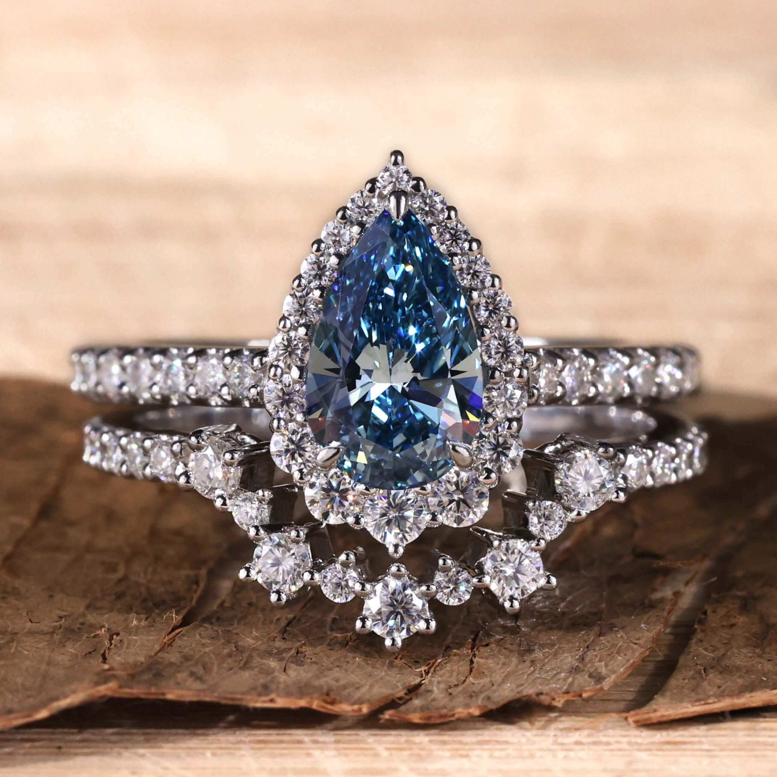mentaal voertuig letterlijk Fancy Blue Pear Cut Lab Grown Diamond Ring | Matching Wedding Band