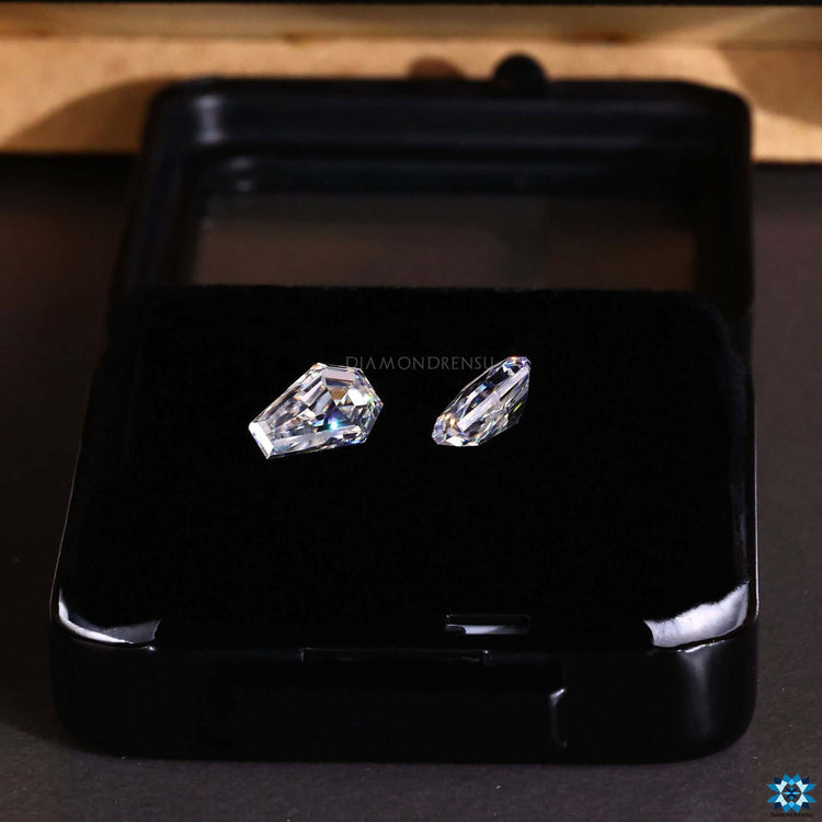 Loose moissanite stones in coffin cut antique style with carat weights from 0.50 to 4.0.