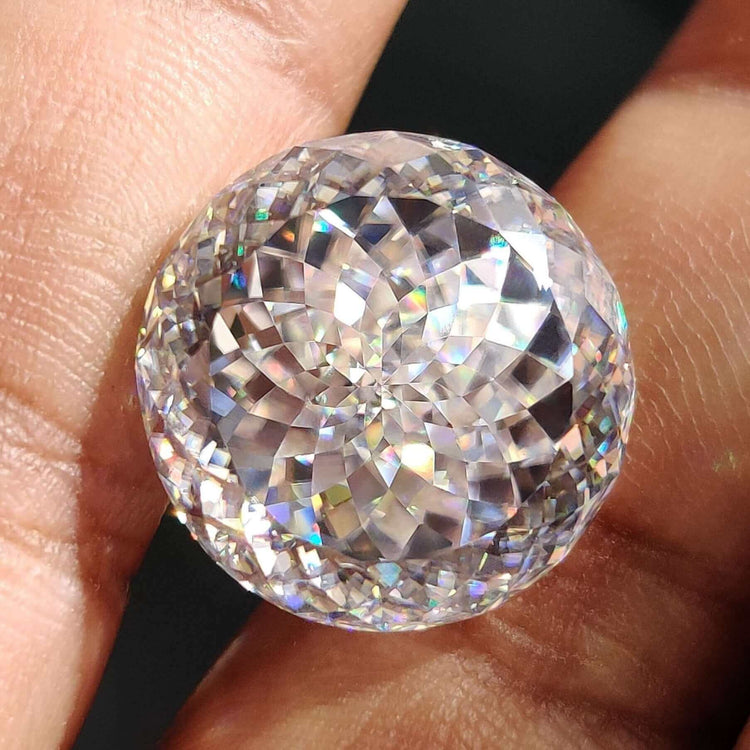 Portuguese cut moissanite shines near 19.27 carat moissanite.