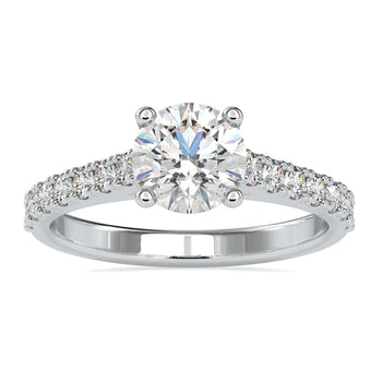 Elegant cathedral setting engagement ring featuring a Lab Grown Diamond with a four prong ring design.