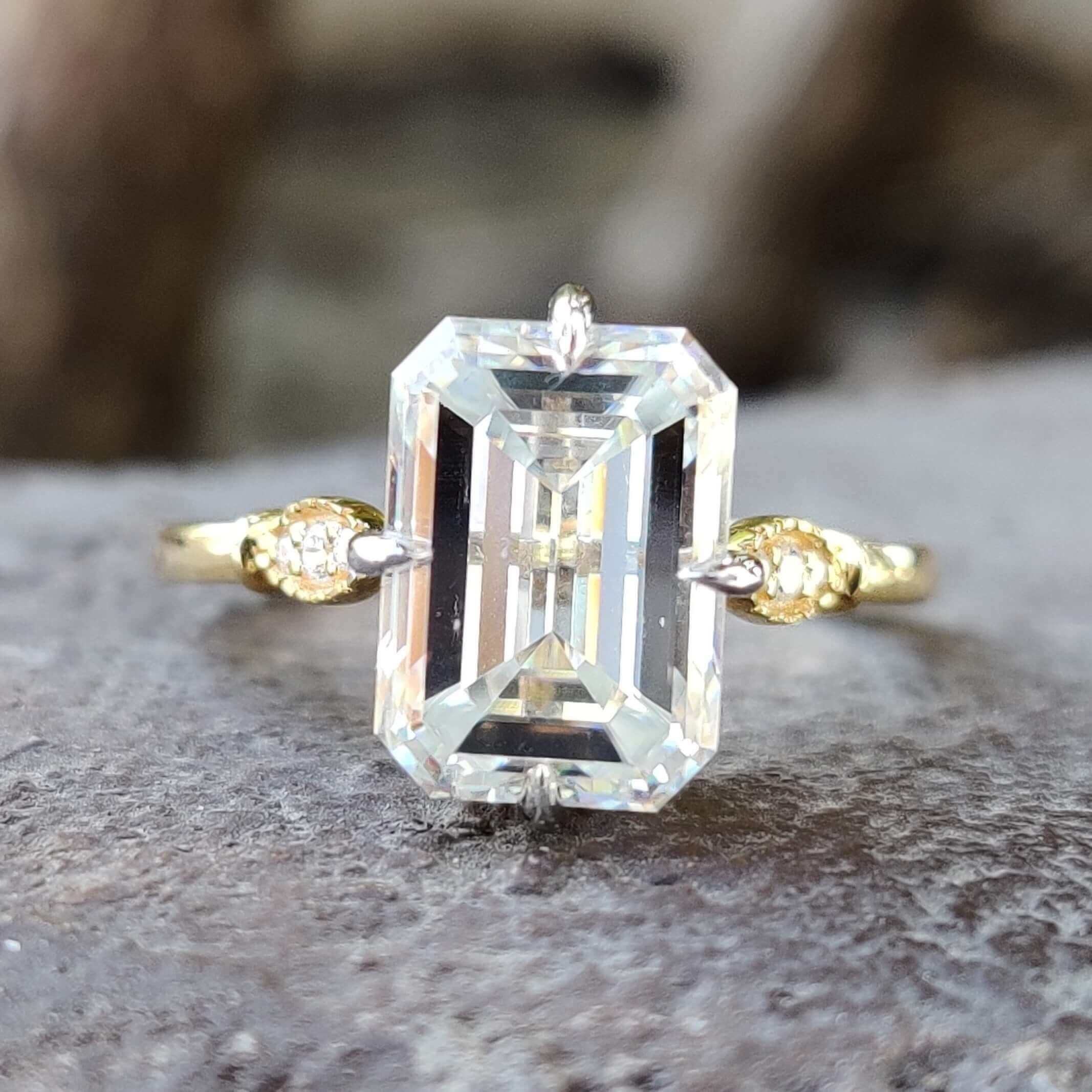 Emerald Cut Antique Vintage Moissanite Engagement Ring