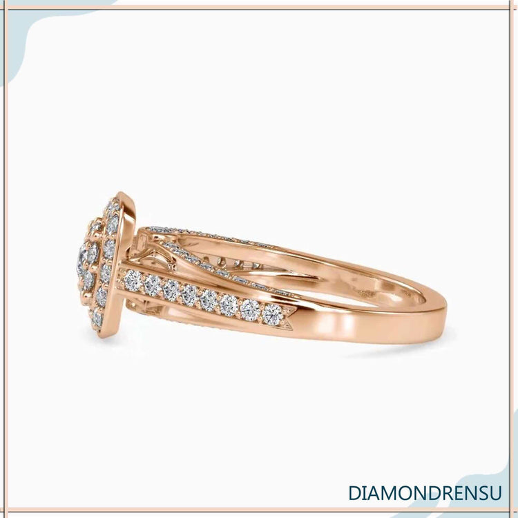 Elegant pave bridge engagement ring with a double halo setting for a sophisticated style.